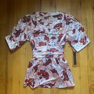 BCBG Maxazria Hibiscus Flower Tropical Satin Blouse Pink and Red XS NWT $140